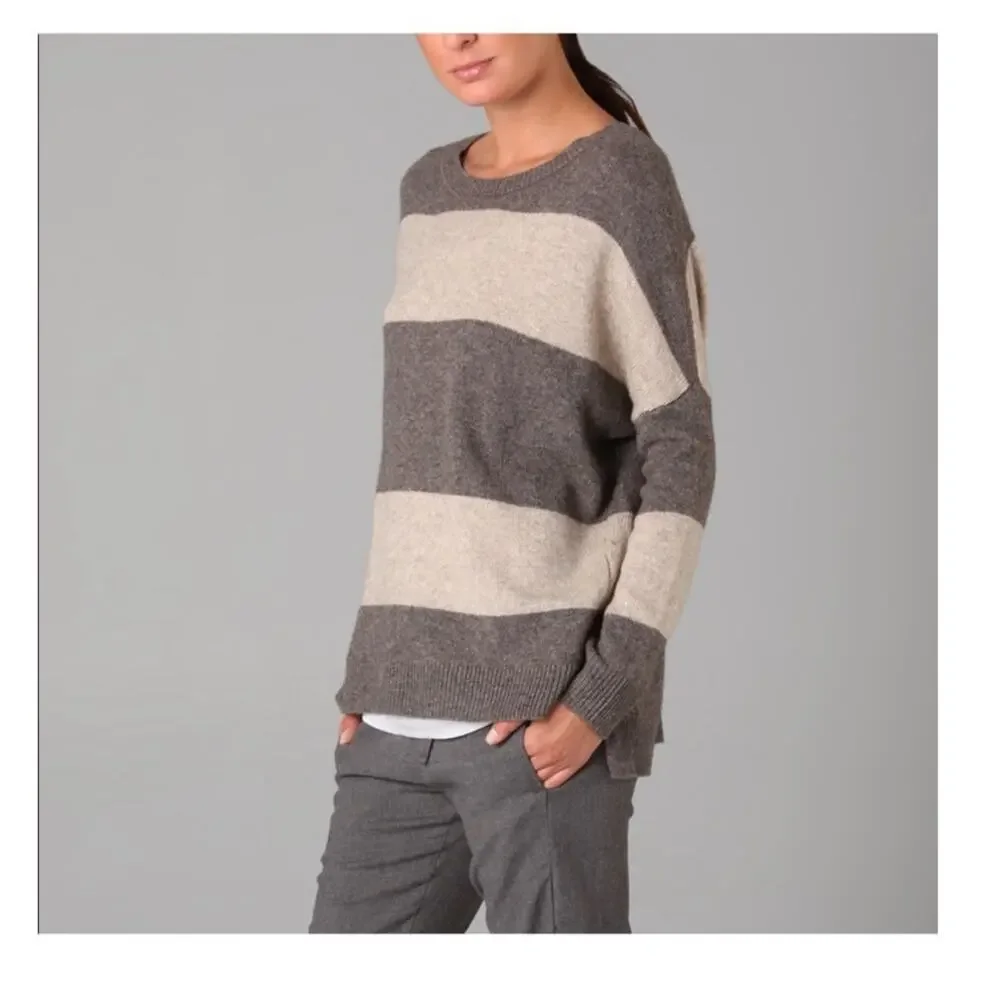 Vince Rugby Stripe Sweater Wool Yak Hair Blend Pullover Oversized Gray Cream M - Picture 1 of 6